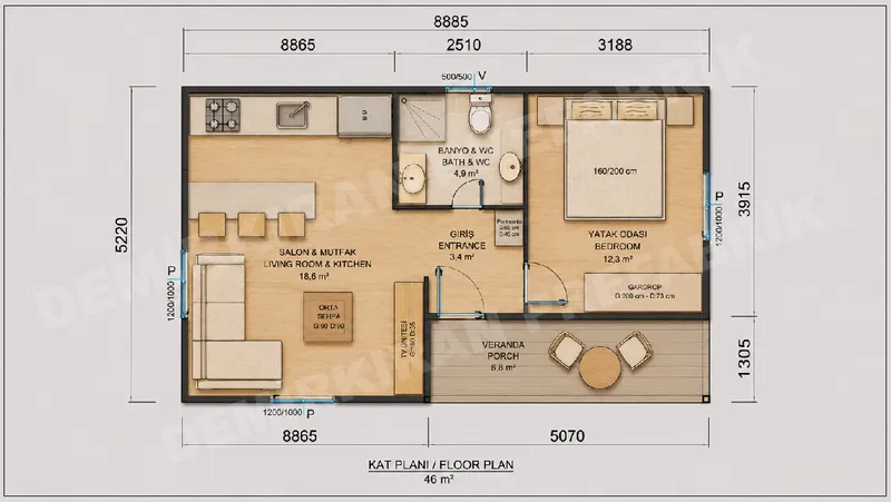 1+1 · 46 m² · Едноетажна сглобяема къща изображение 9