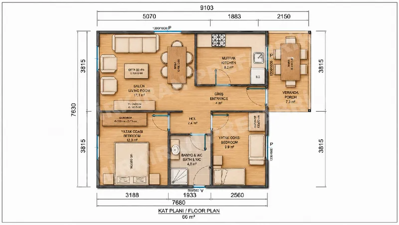 2+1 · 66 m² · Casă prefabricată parter imagine 9