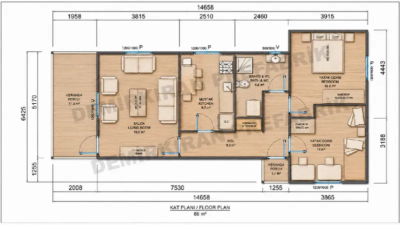 2+1 88 m² Tek Katlı Prefabrik Konut görsel 8