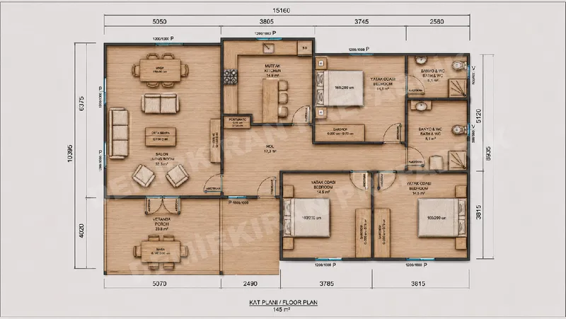 3+1 · 145 m² · Shtëpi e parafabrikuar njëkatëshe imazh 8